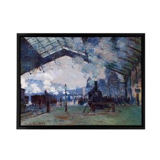 Artery8 Claude Monet Arrival Of Normandy Train Framed Canvas Wall Art Print in Blue | Size: W24 x H32