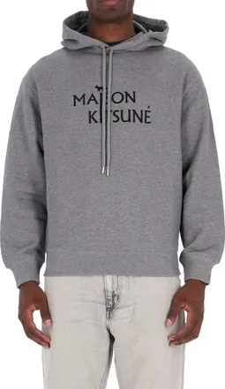 Maison Kitsun&eacute; Cropped Grey Hoodie with Drawstring Hood and Bold Logo