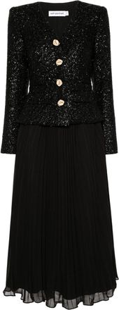 Self Portrait boucl&eacute; chiffon midi dress - women - Wool/Viscose/Polyester/Metallic Fibre/Polyester - 6 - Black