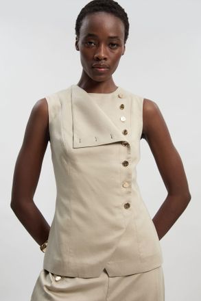 Karen Millen Womens Tailored Linen Button Front Top - Beige viscose - Size 12 UK