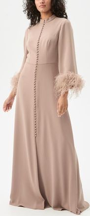 Trina Turk Montmarte Feathre Trim Maxi Dress in Boudoir Beige at Nordstrom, Size 12