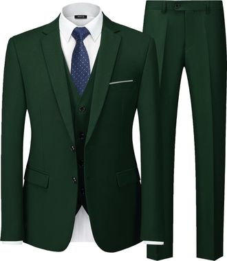 Mys Mens 3 Piece Slim Fit Suit Set with Tie, 2 Button Blazer Jacket Vest & Pants, Business Wedding Party Prom Suit for Men, Deep Green, M