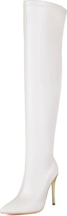 Generic Womens Pointed Toe Party Prom Shoes PU Leather Thigh High Boot with Zipper Stiletto High Heel Over The Knee Boots,White,2.5 UK