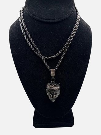 Steeltime Mens Lion With Crown - Necklace Chain In Black Stainless Steel