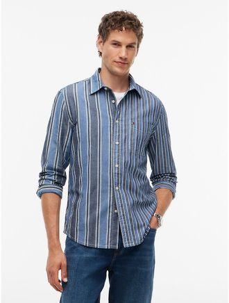 Tommy Hilfiger Mens Regular Fit Mixed-Stripe Chambray Shirt - Blue Stripe - XXL