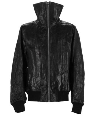Rick Owens Structured Black Lamb Leather Jacket With High Collar And Ribbed Cuffs