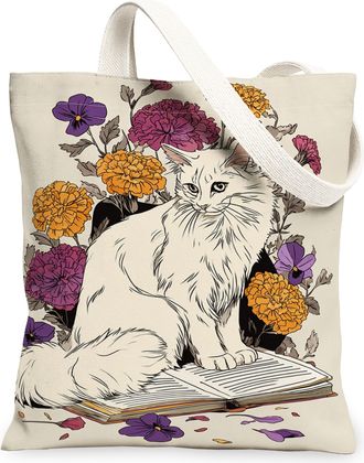 Generic Floral Cat Canvas Tote Bags, Flower Pattern Reusable Grocery Bags, Summer Lightweight Washable Canvas for Travel Beach Picn, Beige, 13x15 Inch