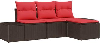 vidaXL Conjunto De Sof&aacute; De Jard&iacute;n 4 Uds. Marr&oacute;n Y Rojo Rat&aacute;n Sint&eacute;tico Vidaxl