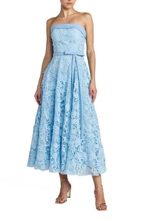 Mac Duggal Embroidered Lace Strapless Midi Dress With Bow Detail in Powder Blue at Nordstrom, Size 10