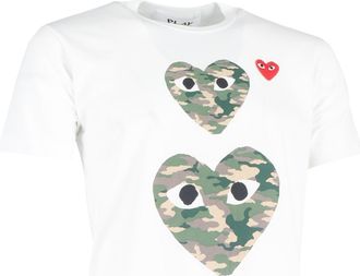 Comme Des Gar&ccedil;ons Comme Des Garcons Play Camouflage Double Heart T-Shirt in White Cotton
