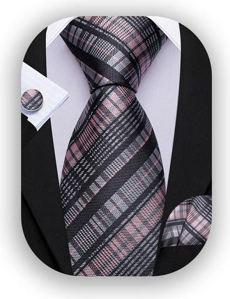 Barry.Wang Mens Tie Pink Gray Tartan 63inch Extra Long Checked Silk Necktie Pocket Square Cufflinks Set Classic Wedding Formal