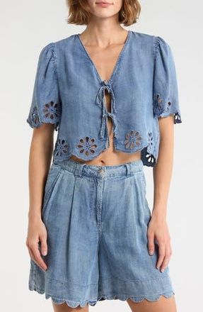 Elie Tahari Tie Front Chambray Eyelet Trim Top at Nordstrom Rack, Size X-Large