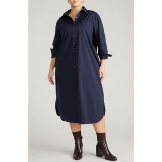 Universal Standard Odeon Long Sleeve Stretch Poplin Midi Shirtdress in Navy Blue at Nordstrom, Size Medium