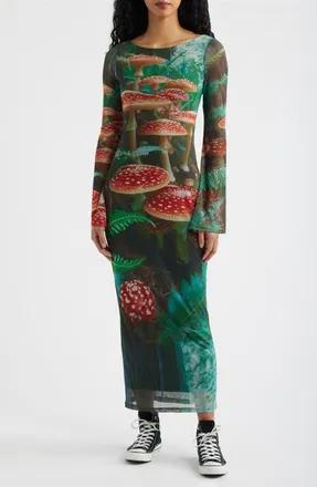Dressed in Lala Were All Mad Here Long Sleeve Maxi Dress in Green/Red at Nordstrom, Size Xx-Large