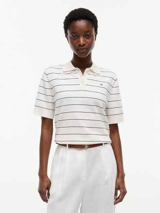 Tommy Hilfiger Womens Short-Sleeve Striped Sweater Polo - Navy Blue / Ivory Stripe - XL