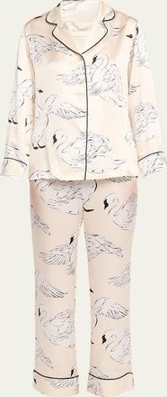 Olivia Von Halle Lila Blanca Swan-Print Silk Satin Pajama Set