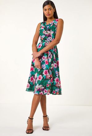 Roman Floral Print Chiffon Cowl Neck Dress