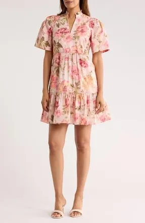 Vince Camuto Floral Ruffle Poplin Minidress in Peach at Nordstrom Rack, Size 16