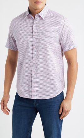 Johnston & Murphy Logan Microprint Short Sleeve Cotton Blend Button-Up Shirt in Pink /Navy Bowtie at Nordstrom, Size Xxx-Large