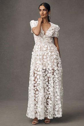 Helsi Clara Puff-Sleeve Sheer Floral Appliqué Maxi Dress