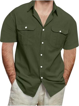Generic Mens Short Sleeve Linen Shirt, Business Shirt, Mens Regular Fit Shirts with Chest Pocket, Short Sleeve Shirt, Plain Traditional Shirt, Stand-Up Collar