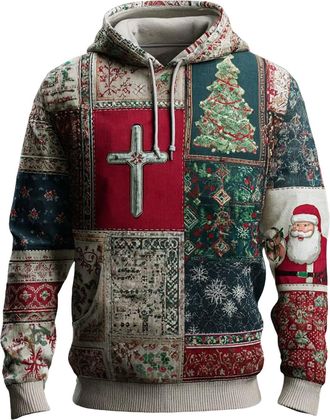 Generic DENGJIAMY Men Christian Christmas Sweatshirt Vintage Cross Graphic Pullover Outdoor Plus Size Xmas Shirt Long Sleeve Trendy Santa Claus Hoodie (Blue, 
