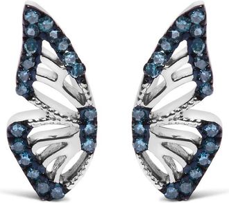 House of Brilliance Sterling Silver 1/6 Cttw Blue Treated Diamond Butterfly Stud Earrings
