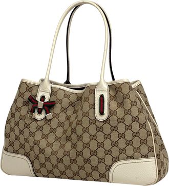 Gucci Beige Ivory Gg Canvas Leather Shoulder Bag Tote Bag (Pre-Owned)