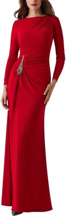 Teri Jon Long Sleeve Ruched Gown In Red
