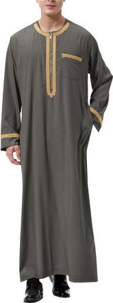 Generic Mens Long Sleeve Abaya Robe Round Collar Clothing Kaftan Thobe with Pockets Long Gown Kaftan Thobe for Men Muslim Robes Muslim Clothes for Men S-XXXL 
