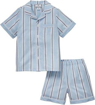 Petite Plume Kids Coastal Stripe Woven Cotton Blend Short Pajamas in Blue at Nordstrom, Size 3T
