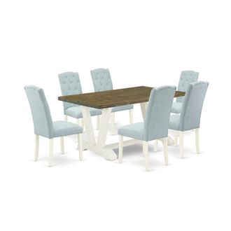 East West Furniture 7-Pc Dining Table Set- 6 Dining Chairs with Baby Blue Linen Fabric Seat and Button Tufted Chair Back