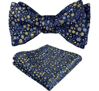 Alizeal Mens Floral Patterned Colorful Classic Self Tied Bow Tie and Pocket Square Set, Navy Blue+Yellow