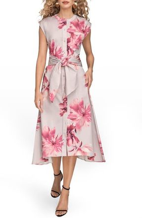 DKNY Floral Tie Front Cap Sleeve Stretch Cotton Shirtdress in Pink Sands Multi at Nordstrom, Size Medium