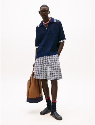 Tommy Hilfiger Mens Wide-Leg Check Chino Short - Navy - M