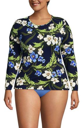 Lands End SunShade UPF 50 Long Sleeve Rash Guard Swim Tee in Deep Sea/blue Floral Tropic at Nordstrom, Size 2 X