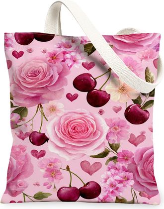 Generic Floral Canvas Tote Bags, Elegant Cherries Blossom Design Reusable Grocery Bags, Spring Vintage Lightweight Washable Shoulde, Peach, 13x15 Inch