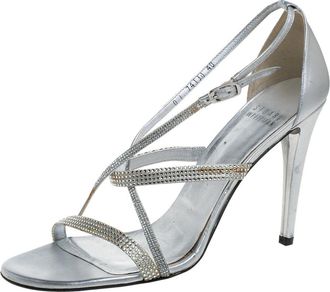 Stuart Weitzman Silver Leather Crystal Embellished Strappy Sandals