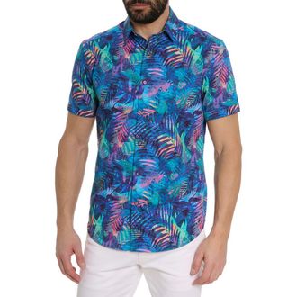 Robert Graham Tropical Print Short Sleeve Shirt in Blue Multi at Nordstrom Rack, Size Xxx-Large