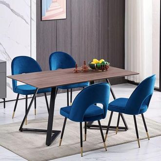 Ainpecca Ainpecca - 150cm Dining Table and Chair Set Brown - 4x Blue Velvet Dining Chairs & Wooden Dining Table