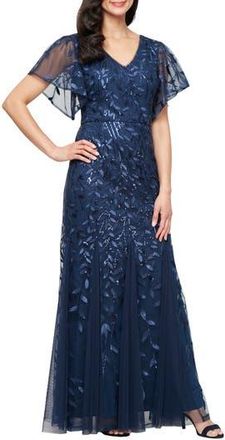 Alex Evenings Embroidered Flutter Sleeve Tulle Mermaid Gown in Navy at Nordstrom Rack, Size 16