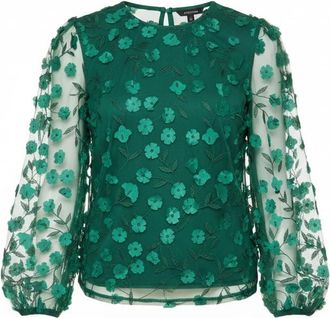 Yumi Green Sheer Sleeve Applique Flower Top (UK, Numeric, 10, 12, Regular, Regular, Green)