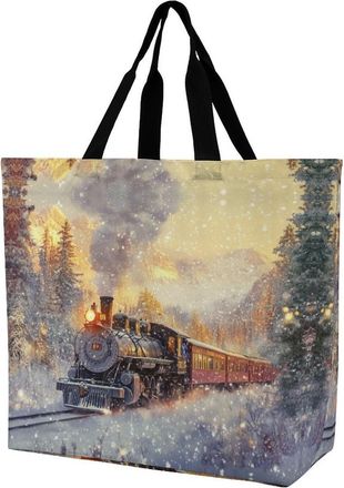 Generic Vintage Steam Train Large Reusable Shopping Bag Lightweight Foldable Tote Bags Washable Shoulder Handbag