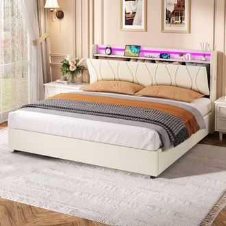 Merax 5ft King Upholstered Bed Frame with Hydraulic Storage, LED, Linen in Beige