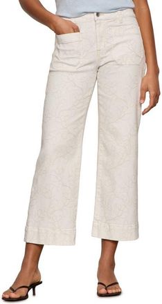 Sanctuary The Marine Embroidered Crop Wide Leg Jeans in Chalk White at Nordstrom, Size 26 P