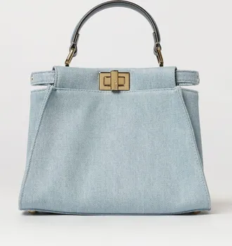Fendi Mini borsa Peekaboo in denim con manico e tracolla in pelle