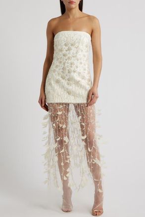 Delfi Salma Bead & Feather Strapless Gown in Cream at Nordstrom, Size X-Large