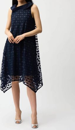 Joseph Ribkoff Polka Dot Mesh Handkerchief Dress In Midnight Blue