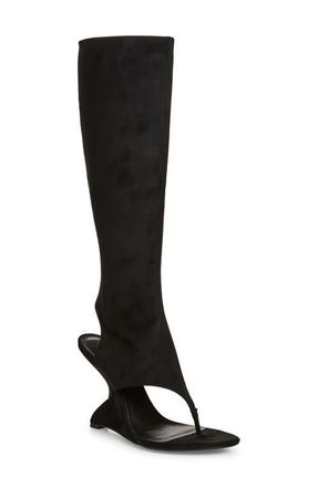 Jeffrey Campbell Whats-Up Knee High Sculpted Wedge Sandal Boot in Black Suede at Nordstrom, Size 8.5