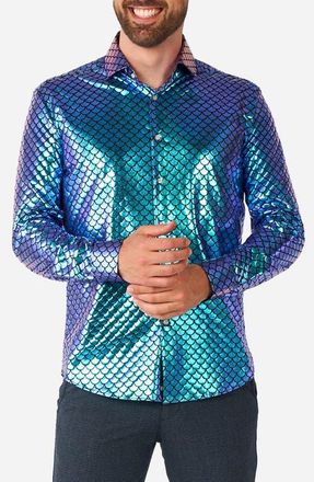 OppoSuits Fancy Fish Modern Tailored Fit Button-Up Shirt in Blue at Nordstrom, Size Xxx-Large